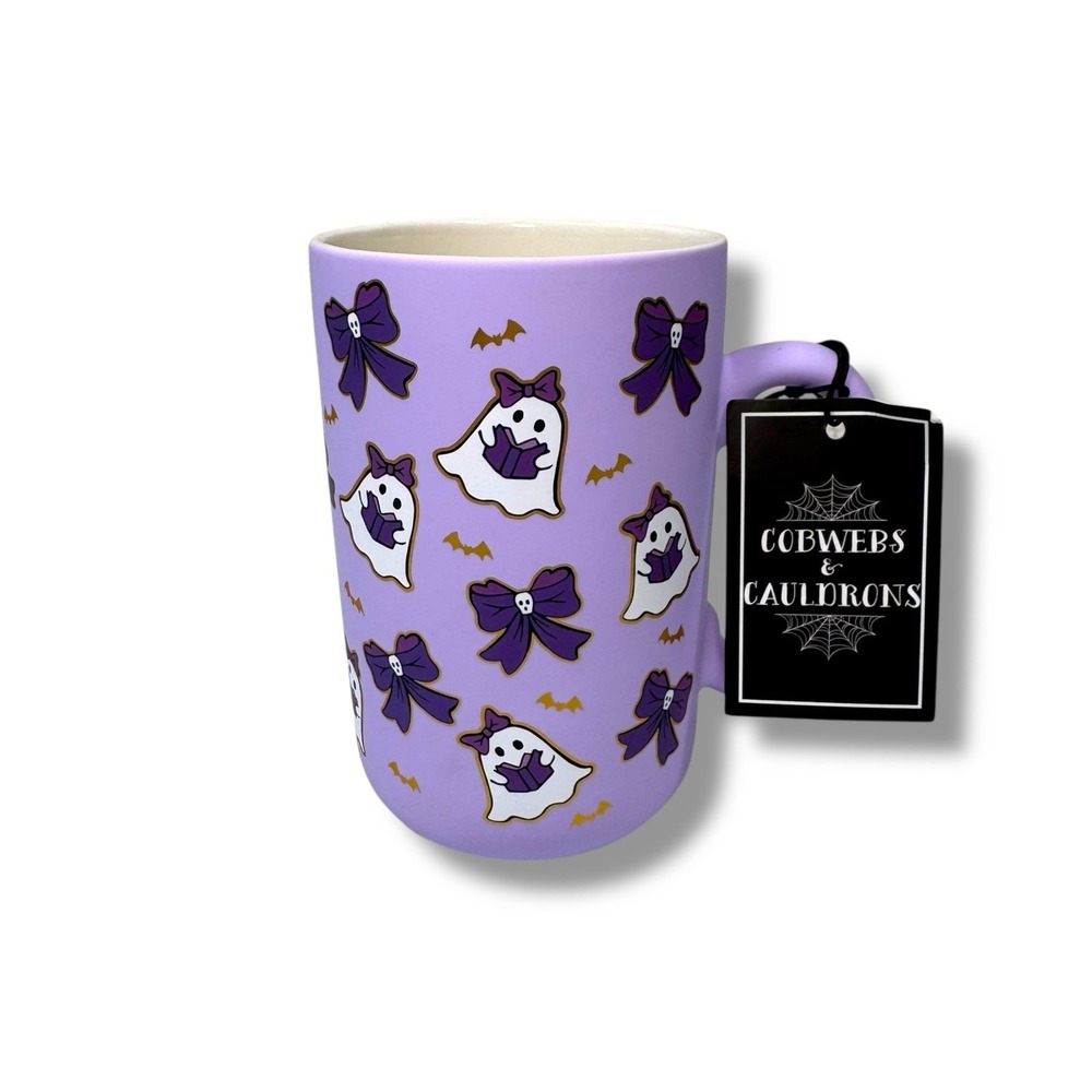 Cobwebs And Cauldrons Purple Ghost Reading Bows Bats Books‎ Mug Coffee Tea